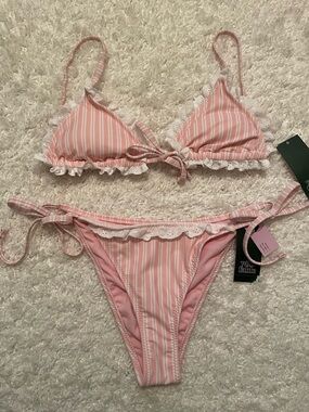 Wild Fable Pink Stripe with Eyelet Trim Bikini Top & Bottoms size S NWT